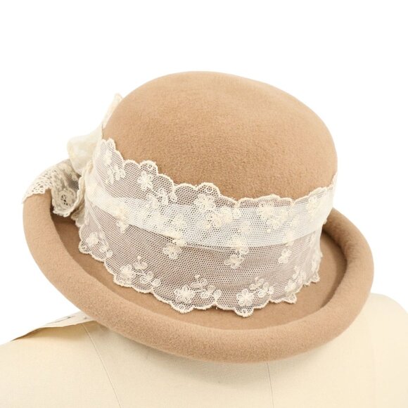 NWT Louise Camel Brown Vintage Ivory Floral Lace Ribbon Bow Felt Hat - Picture 2 of 6